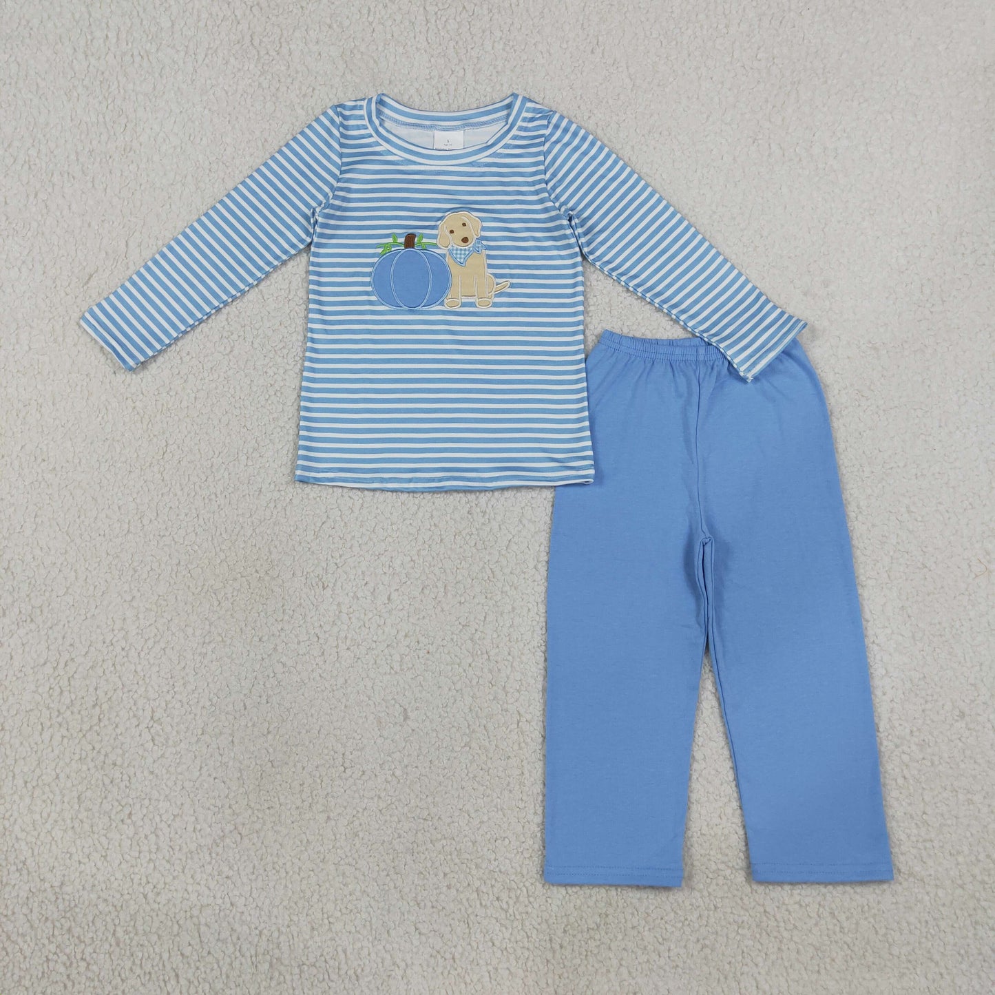 Embroidery Pumpkin Dogs Baby Boys Blue Stripe Top Pants Fall Clothes Sets