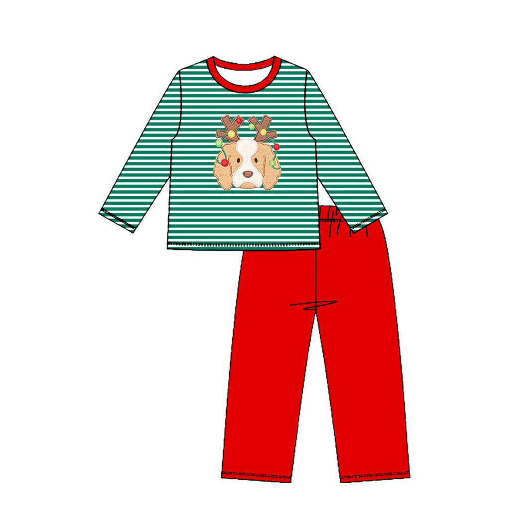 Preorder moq 5 Baby Boys Green Lights Dogs Top Pants Christmas Clothes Sets