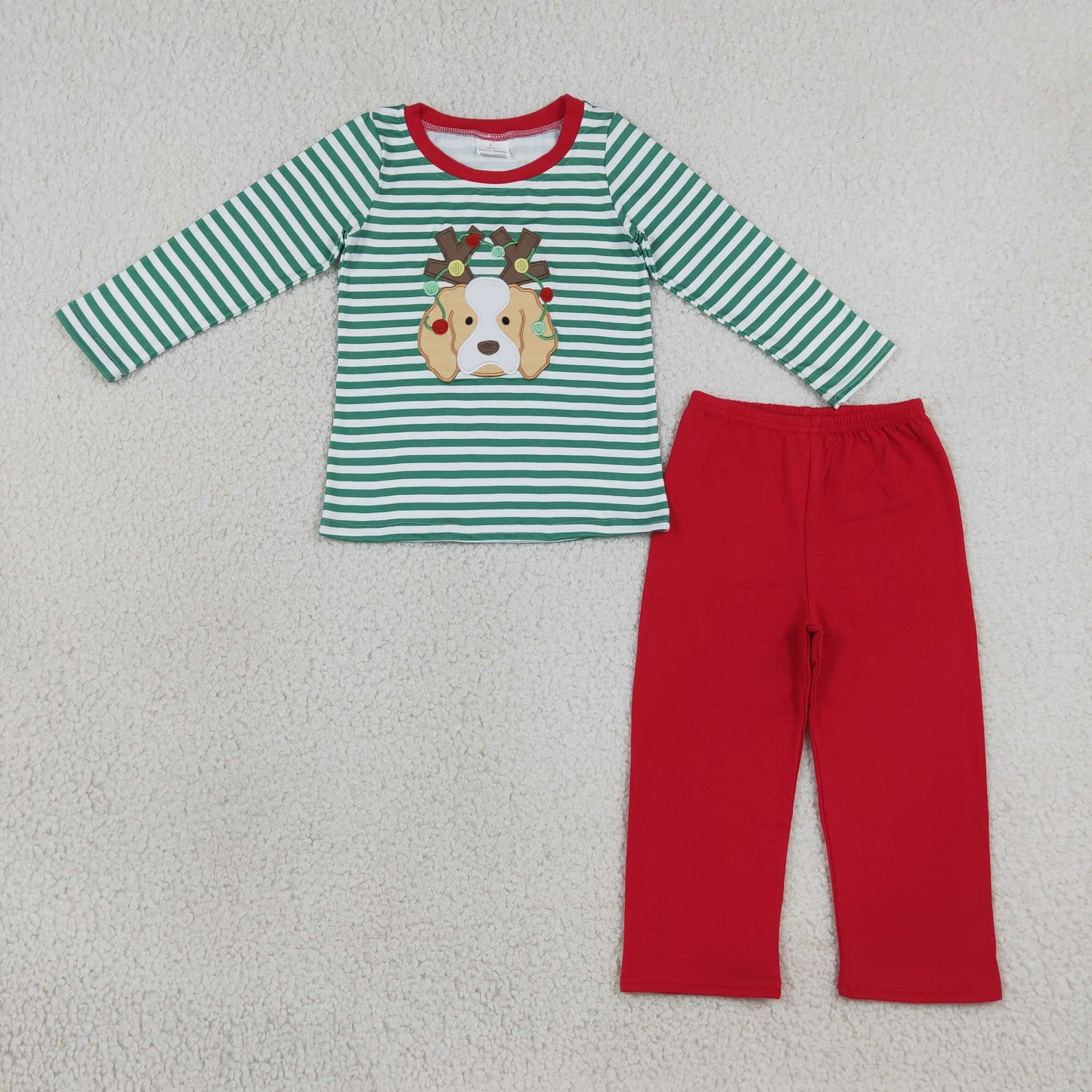Embroidery Lights Dogs Baby Boys Green Stripe Top Pants Christmas Clothes Sets
