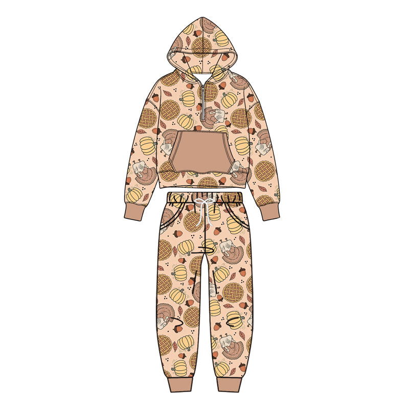 Preorder moq 5 Baby Boys Pumpkins Turkey Zip Pickets Hoodie Joggers Thanksgivings Clothes Set