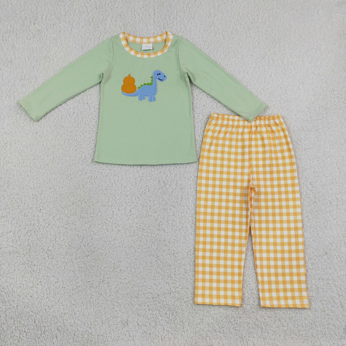 Embroidery Pumpkin Dinosaurs Baby Boys Top Checked Pants Fall Clothes Set