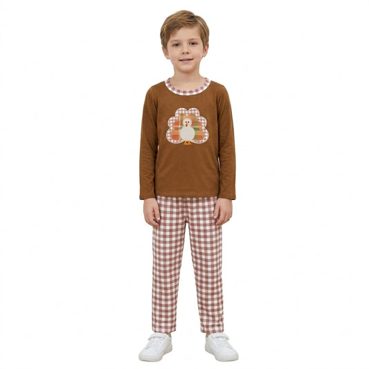Embroidery Turkey Baby Boys Top Checked Pants Thanksgivings Clothes Set