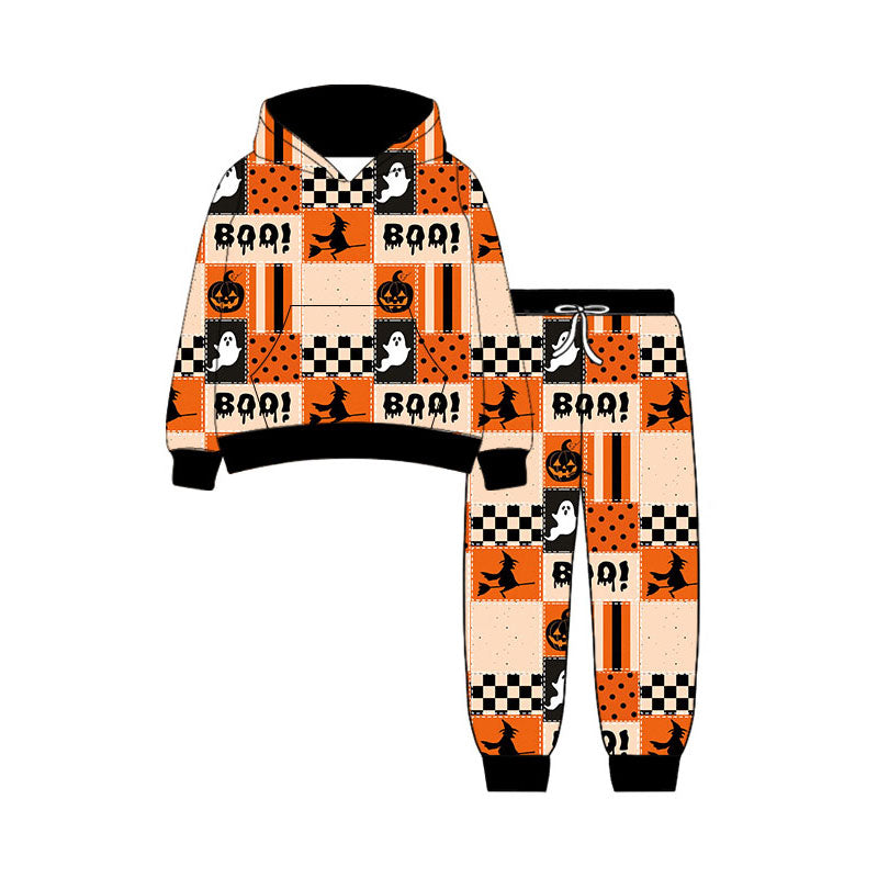Preorder moq 5 Baby Boys Ghost Pumpkins Hoodie Pockets Jogger Halloween Clothes Set