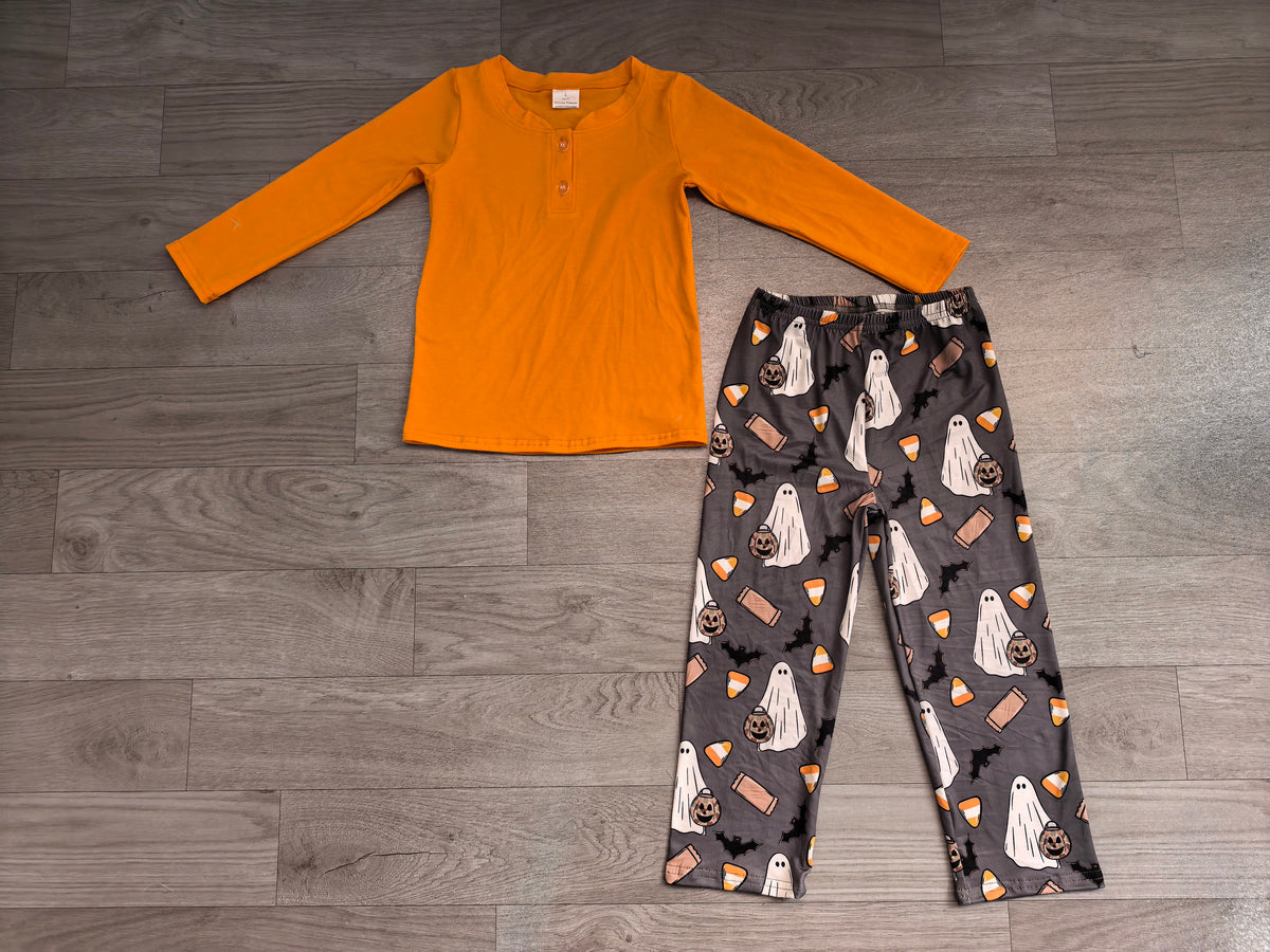 Baby Boys Orange Button Top Ghosts Pumpkins Pant Halloween Clothes Set