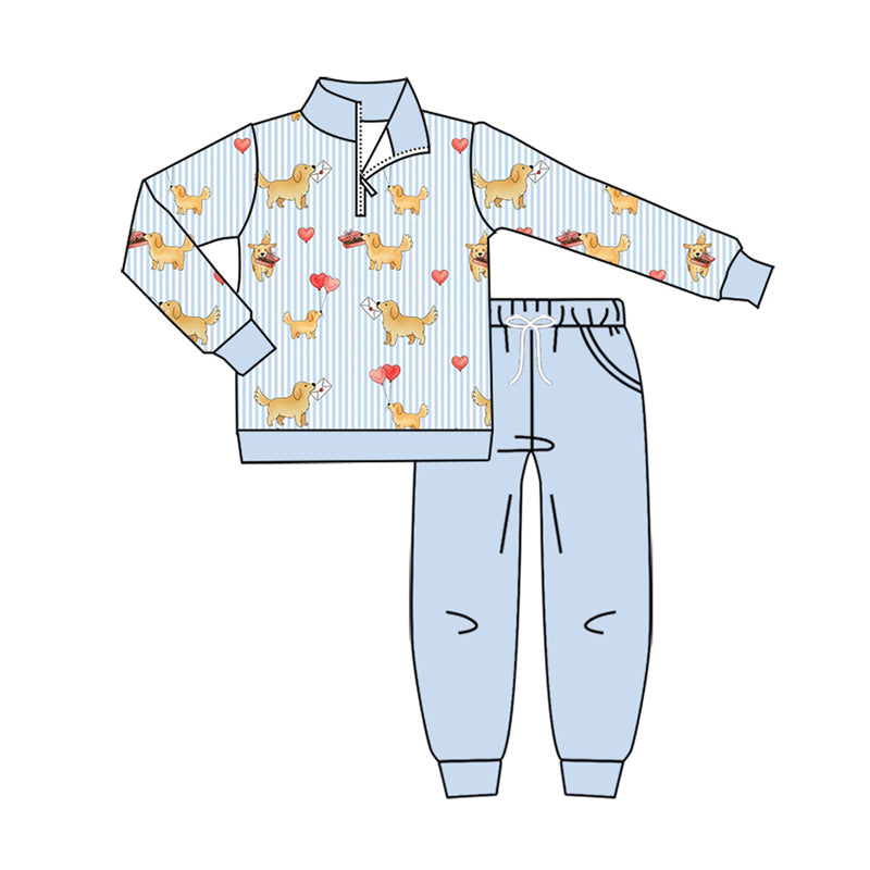 Preorder moq 5 Baby Boys Blue Stripe Heart Dogs Zip Pullover Pockets Jogger Valentines Set