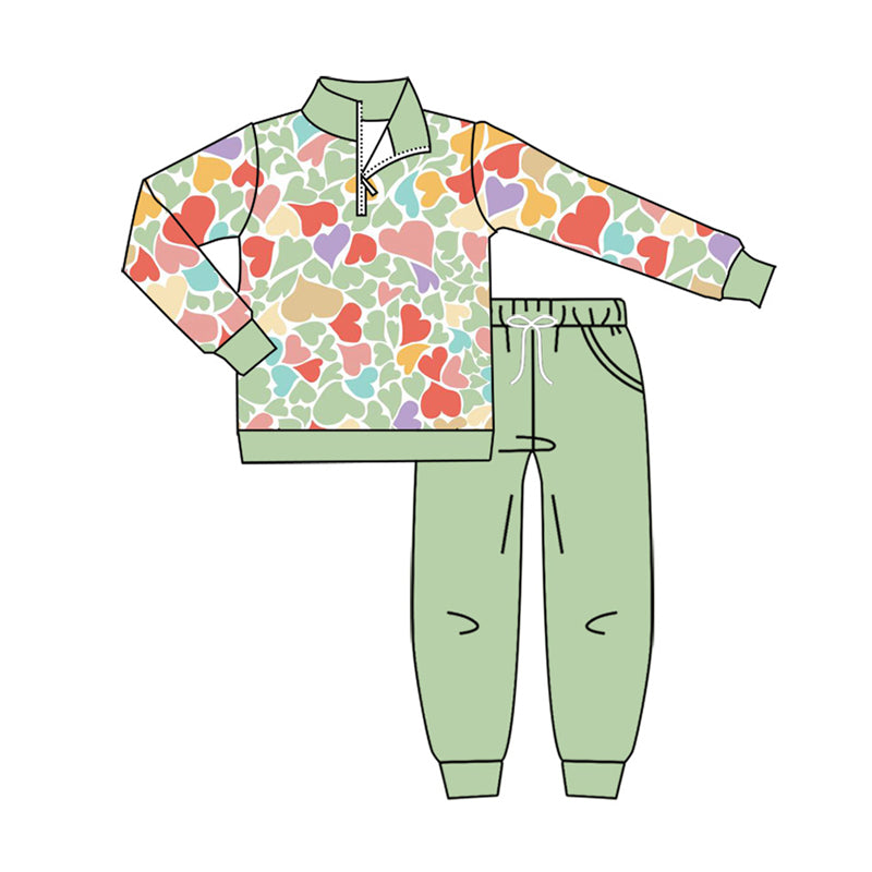 Preorder moq 5 Baby Boys Colorful Hearts Zip Pullover Pockets Jogger Valentines Set