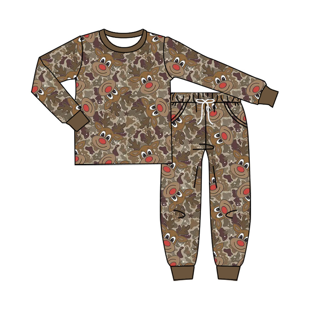 Preorder moq 5 Baby Boys Brown Camo Top Pockets Jogger Pant Christmas Clothes Set