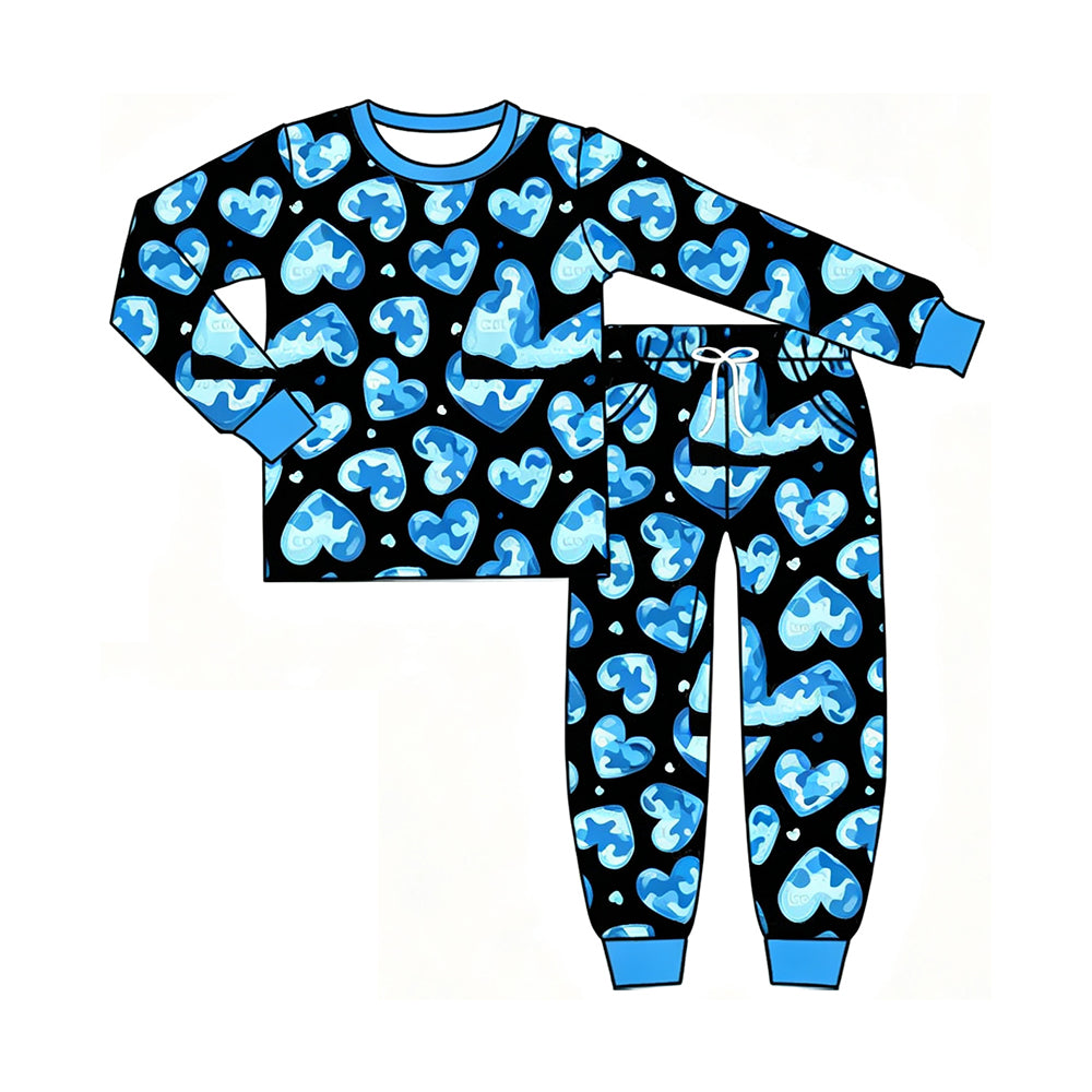 Preorder moq 5 Baby Boys Blue Camo Hearts Top Pockets Jogger Pant Valentines Clothes Set