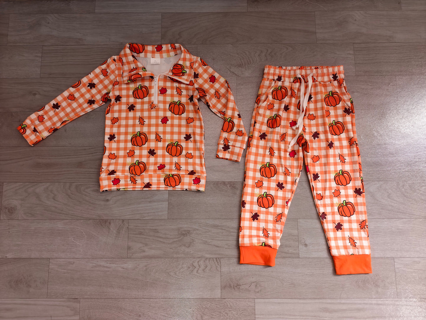 Baby Boys Leaves Pumpkins Checked Zip Pullovers Pockets Jogger Pant Fall Clothes Set Preorder