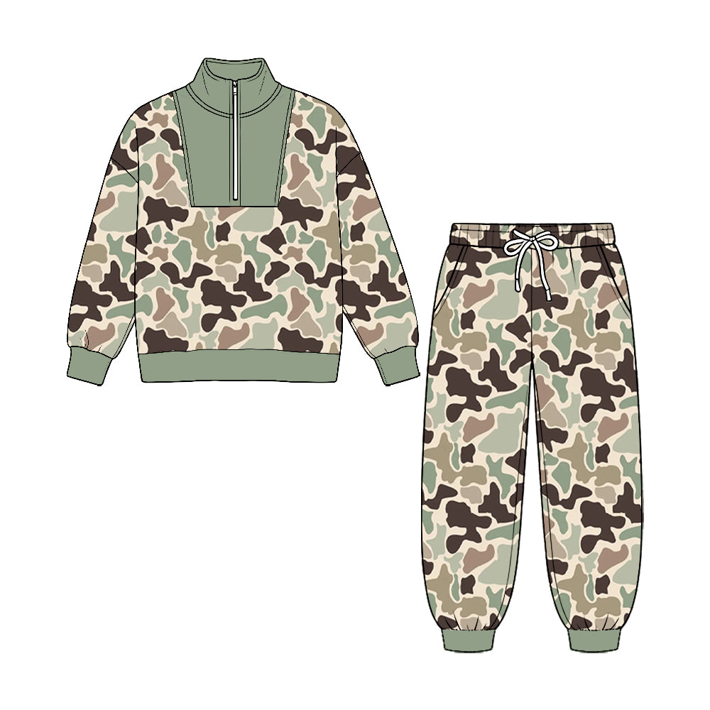 Preorder moq 5 Baby Boys Southern Camo Zip Pullover Pockets Jogger Pant Clothes Sets