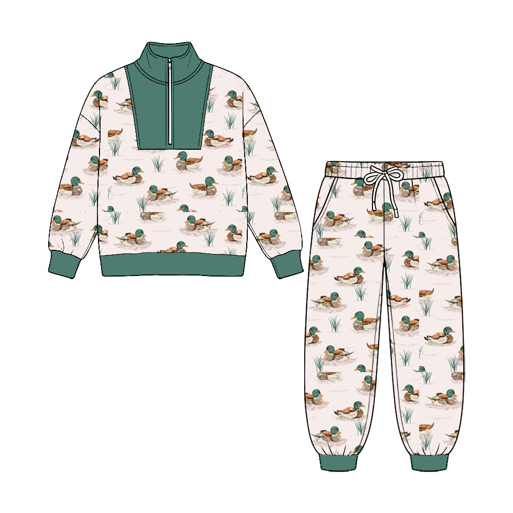 Preorder moq 5 Baby Boys Ducks Plaid Zip Pullover Pockets Jogger Hunting Clothes Sets