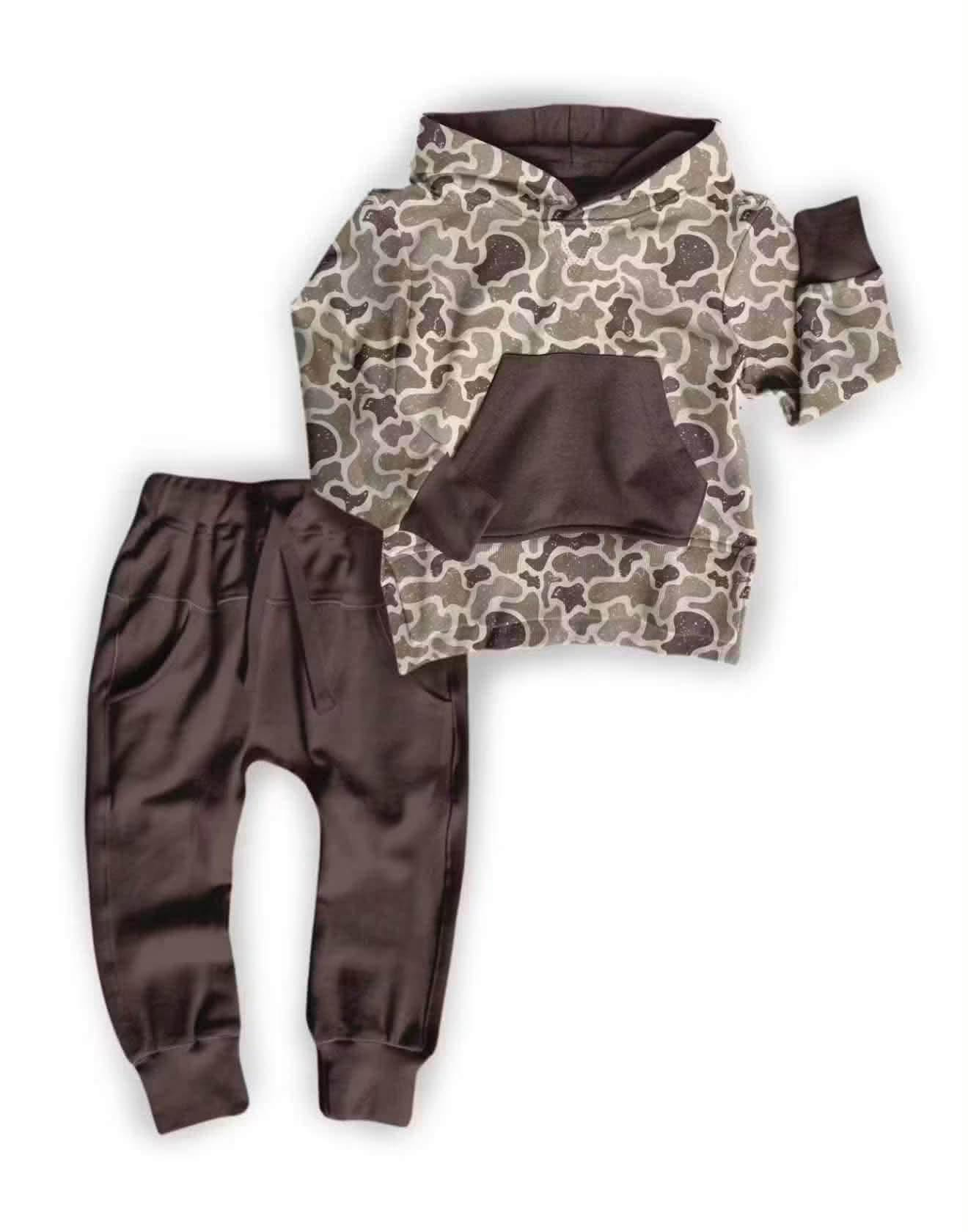 Preorder moq 5 Baby Boys Brown Camo Hoodie Pockets Jogger Pant Clothes Sets