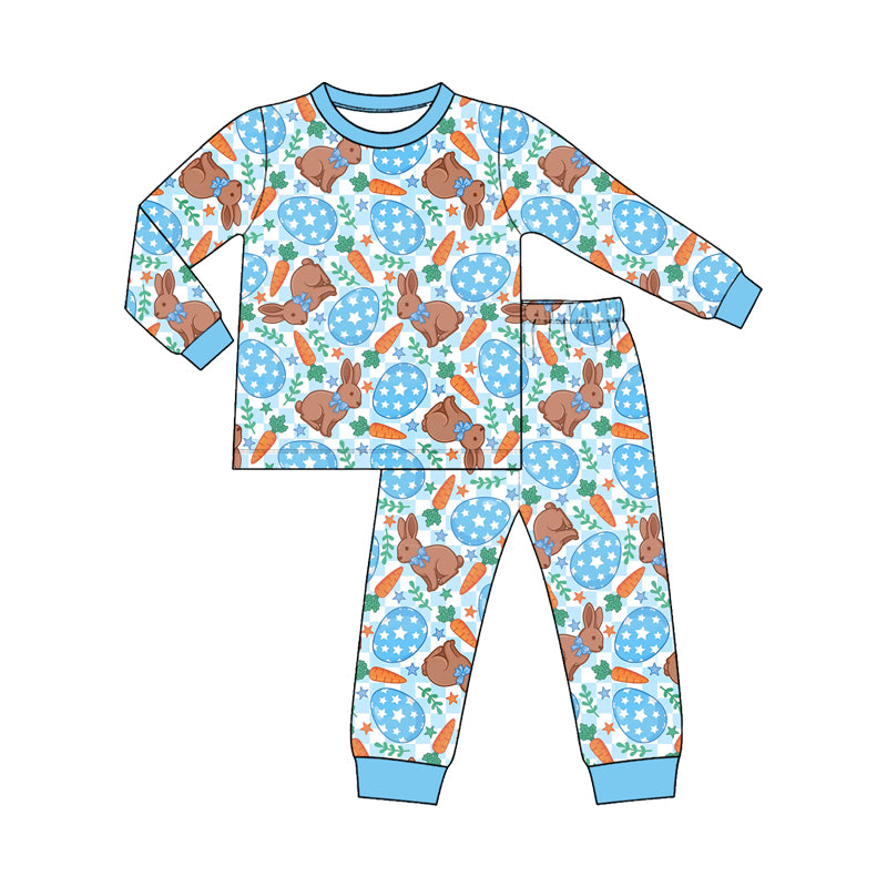 Baby Boys Blue Eggs Rabbits Carrots Top Pant Easter Pajamas Set Preorder