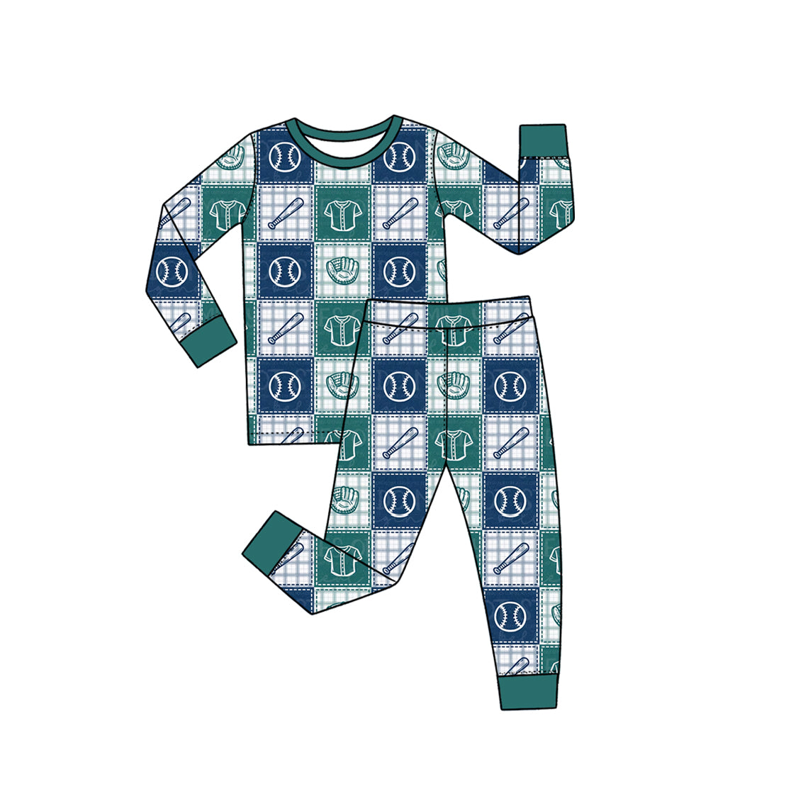 Preorder moq 5 Baby Boys Green Checked Baseballs Checked Team Pajamas Sets