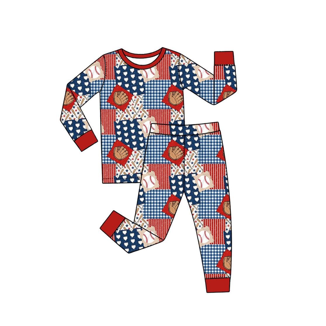 Preorder moq 5 Baby Boys Red Checked Baseballs Checked Team Pajamas Sets