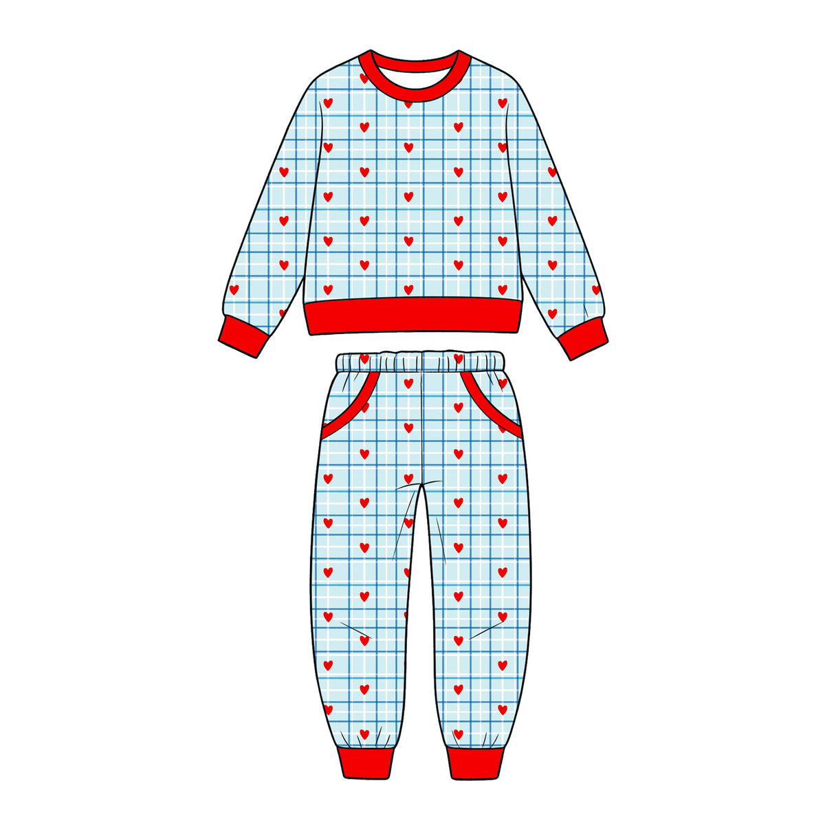 Preorder moq 5 Baby Boys Blue Checked Hearts Top Pockets Joggers Valentines Clothes Set