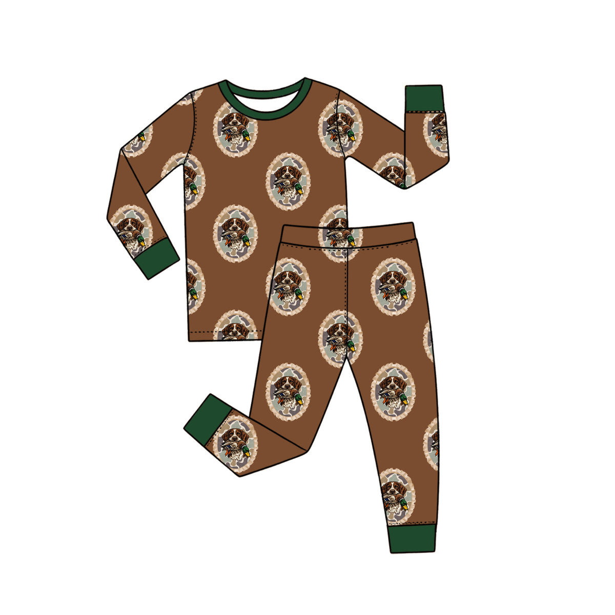 Preorder moq 5 Baby Boys Brown Camo Dogs Ducks Top Pant Hunting Pajamas Set
