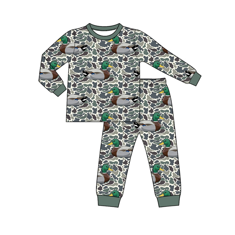 Preorder moq 5 Baby Boys Green Camo Ducks Top Pant Hunting Pajamas Set
