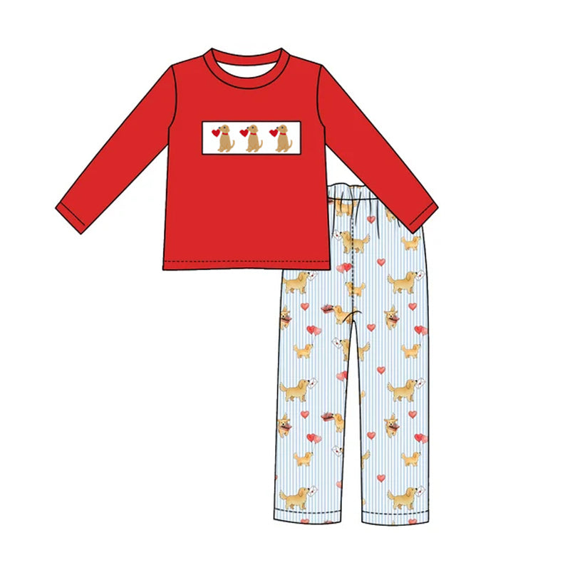 Preorder moq 5 Baby Boys Red Hearts Dogs Top Flare Pant Valentines Clothes Set