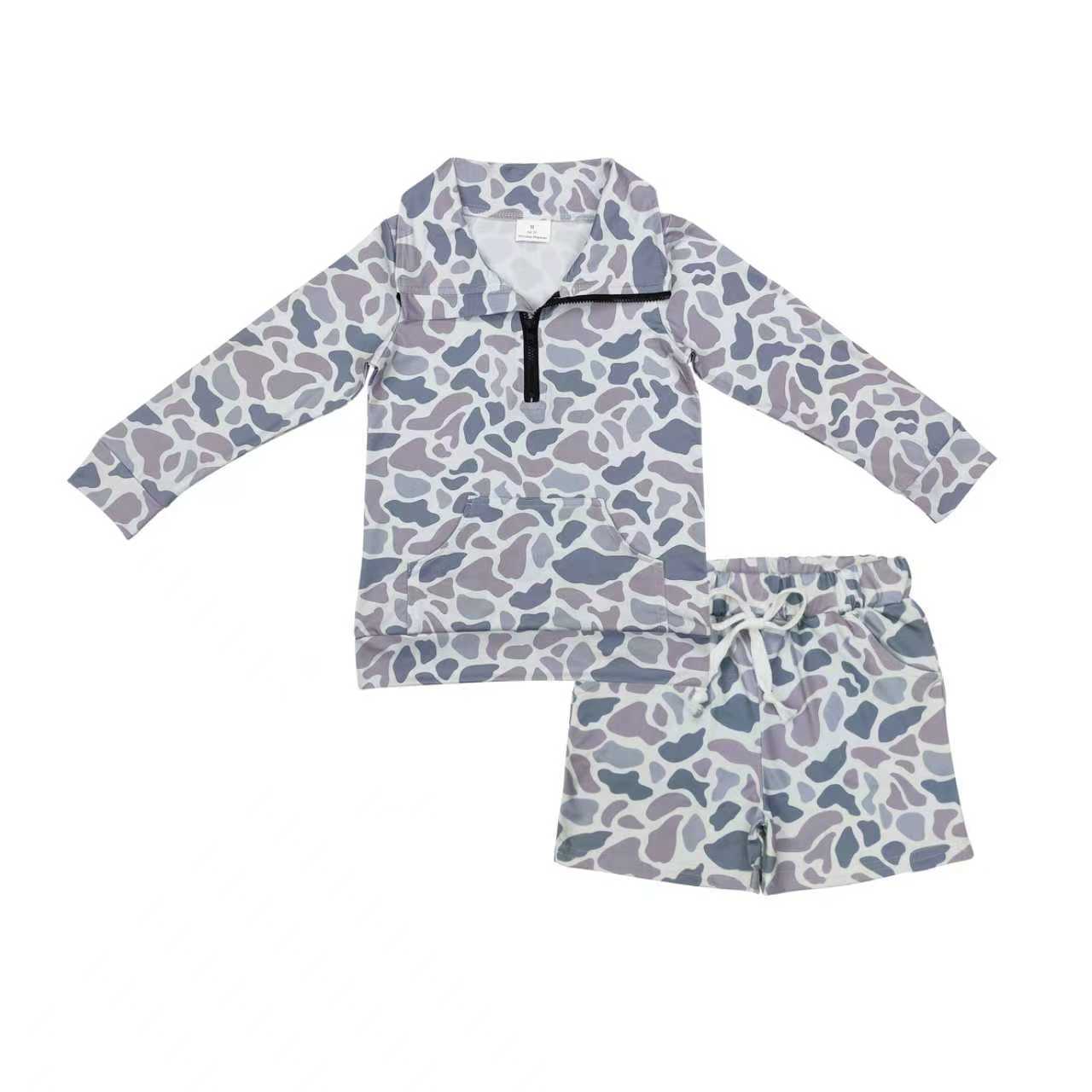 Baby Boys Light Grey Camo Zipper Pocket Pullover Pockets Shorts Southern Clothes Sets