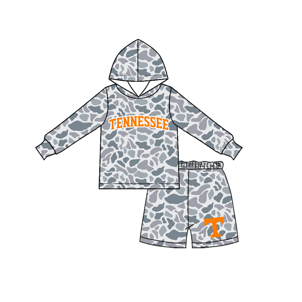 Preorder moq 5 Baby Boys Grey Camo Tennessee Long Sleeve Hoodie Short Team Clothes Set