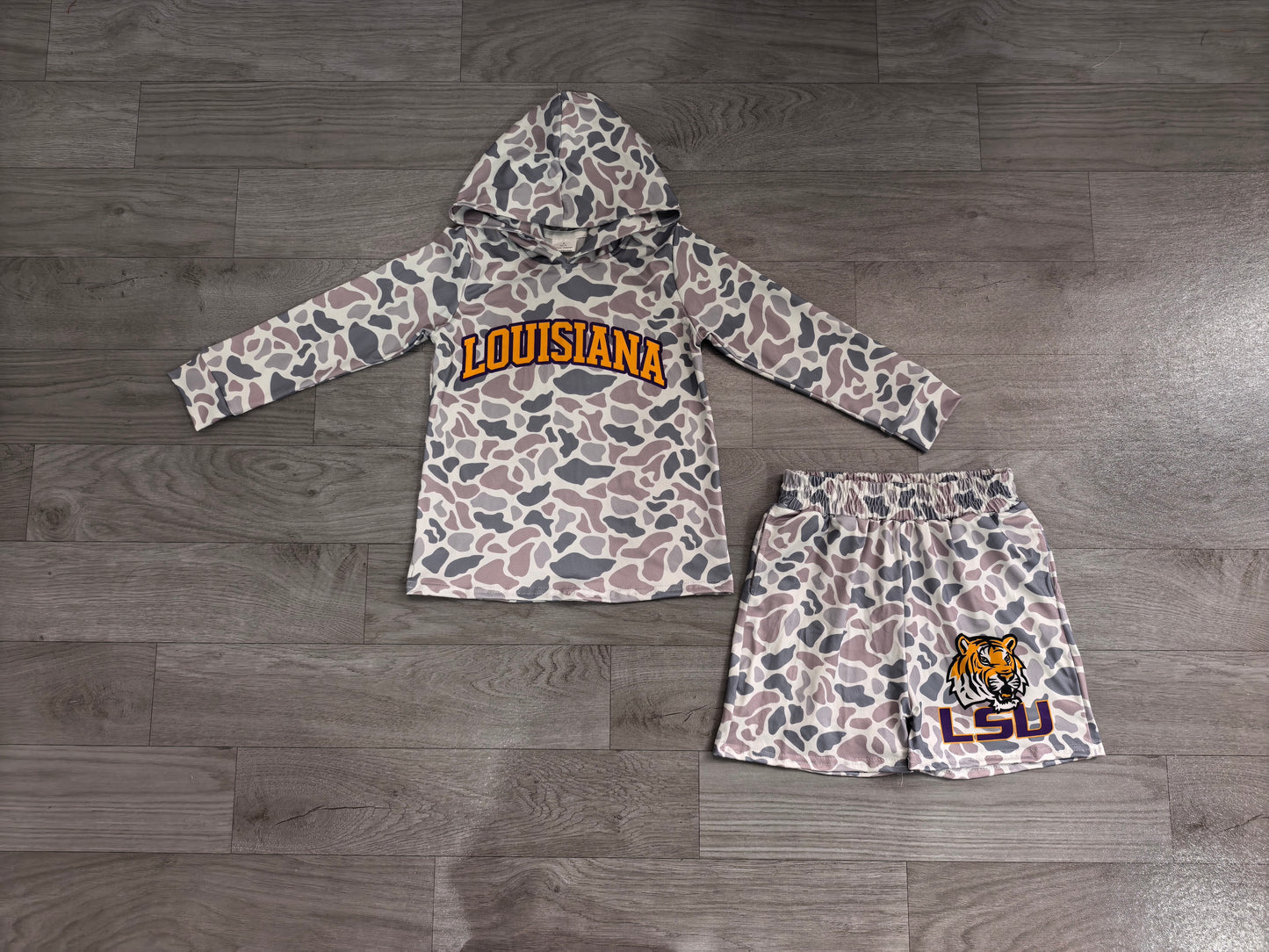 Baby Boys Light Grey Camo Louisiana Long Sleeve Hoodie Short Team Clothes Set