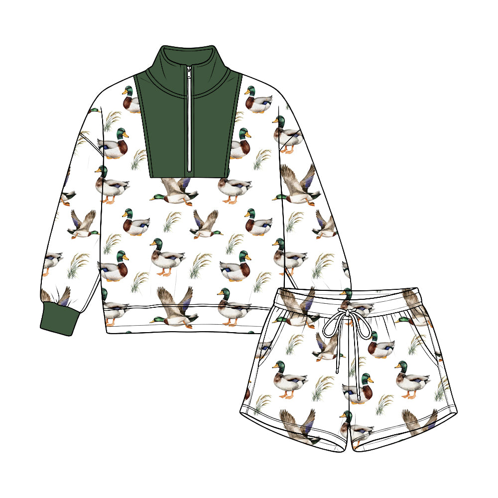 Preorder moq 5 Baby Boys Ducks Plaid Long Sleeve Zip Pullovers Pockets Short Clothes Set