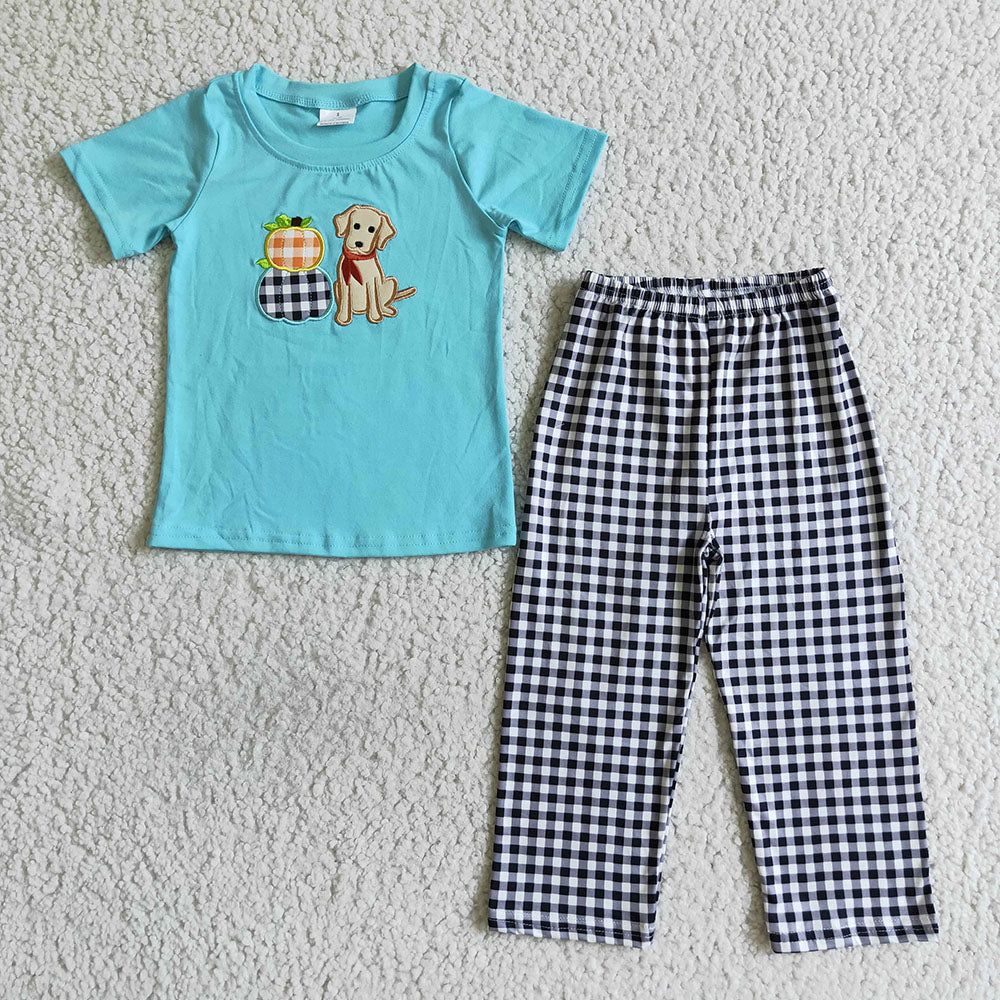 Sibling Baby Boys Dog Pumpkins Embroidery Rompers Outfits Sets