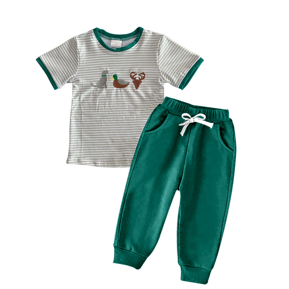 Embroidery Duck Deer Dog Baby Boys Stripes Top Pockets Pants Sets