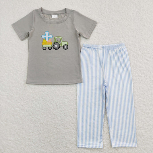 Sibling Baby Kids Embroidery Rabbits Eggs Jesus Top Pants Easter Clothes Set