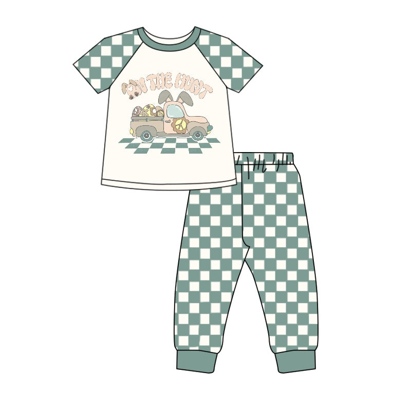 Baby Boys Easter Rabbit Egges Cars Top Green Checkered Pants Clothes Sets preorder