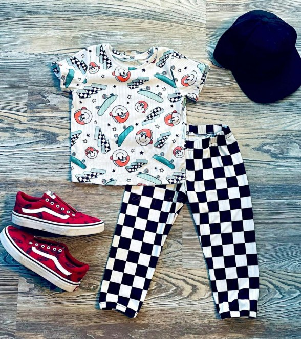 Baby Boys Scooter Tee Shirt Top Black Checkered Pants Clothes Sets preorder
