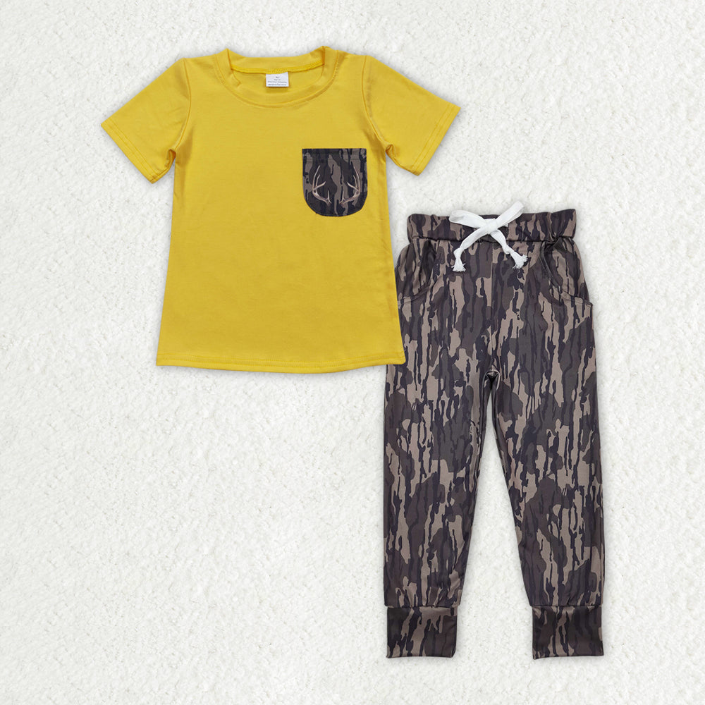 Sibling Baby Boys Yellow Short Sleeve Pocket Top Southern Olive Camo Short Pants Clothes Sets