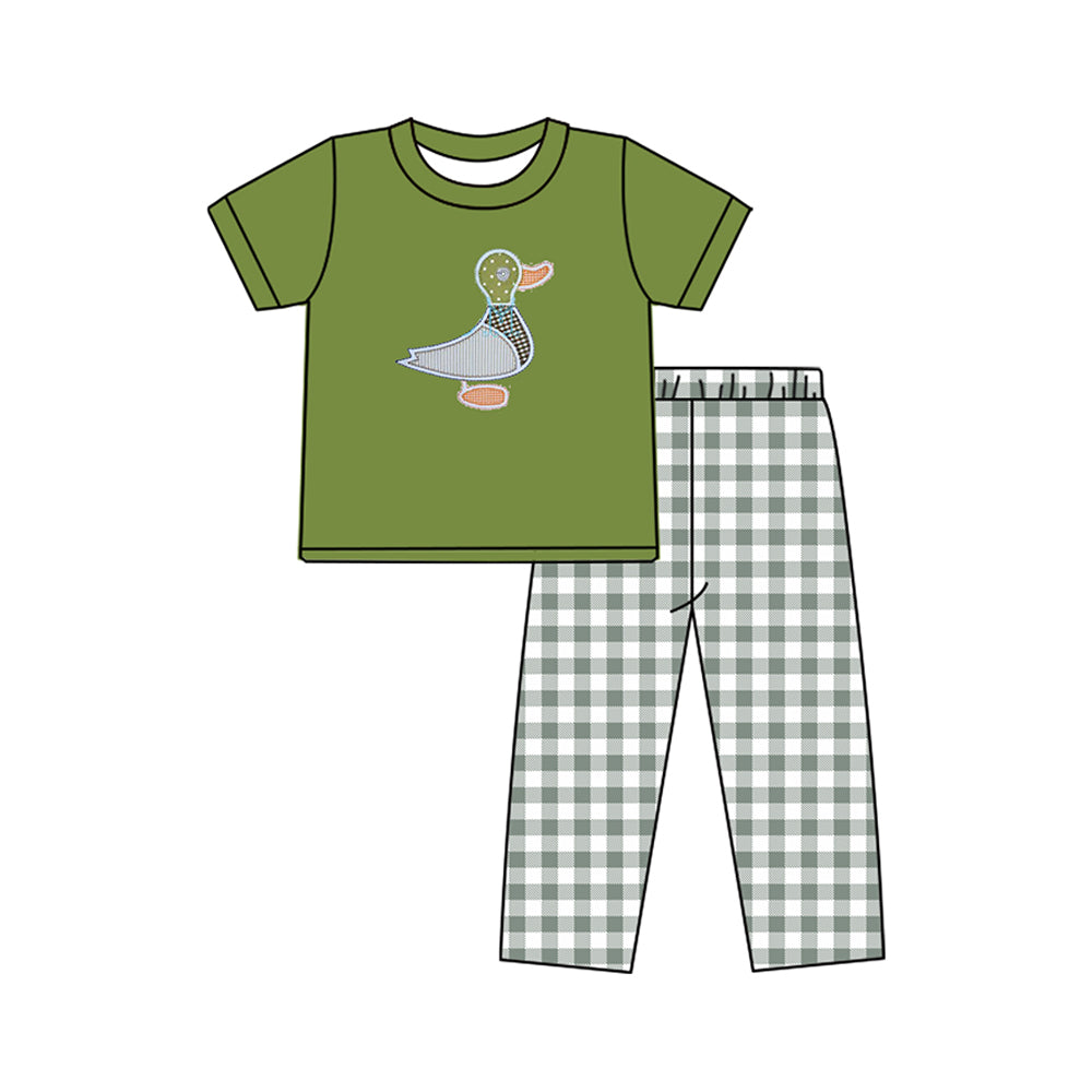 Preorder moq 5 Baby Boys Green Duck Tops Plaid Pants Western Outfits Sets