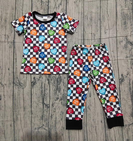 Baby Boys Black Checked Hearts Top Pants Valentines Pajamas Sets