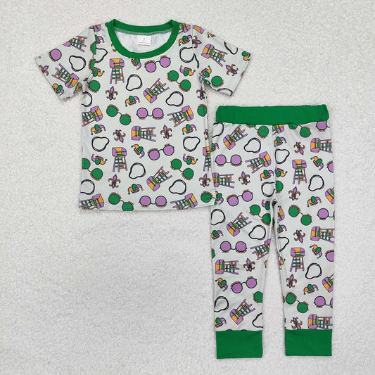 Sibling Baby Boys Green Mardi Gras Rompers Pajamas
