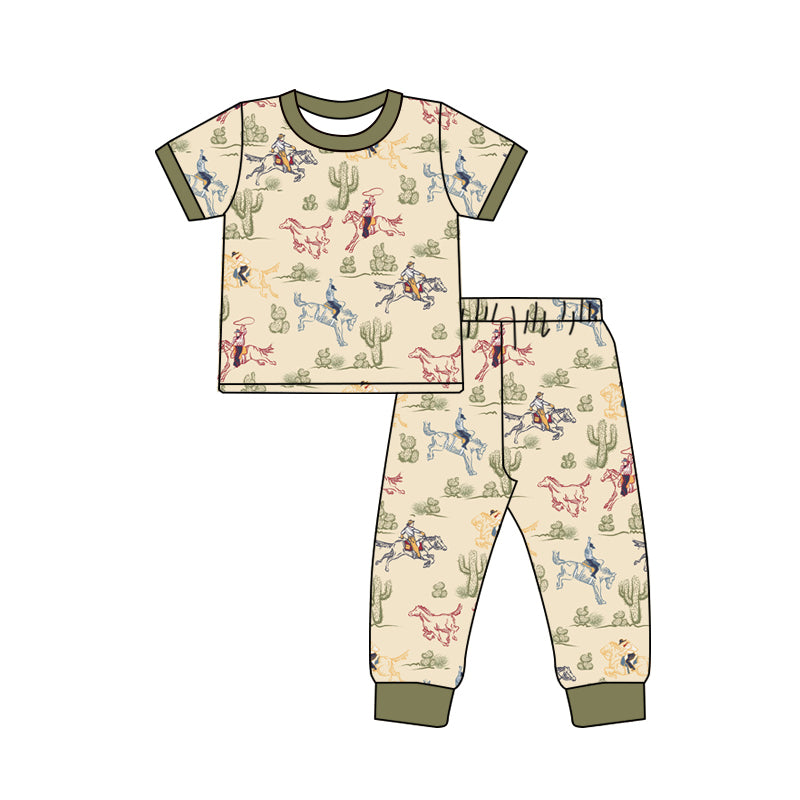 Baby Boys Khaki Short Sleeves Cactus Horse Rodeos Top Pants Pajamas Set Preorder