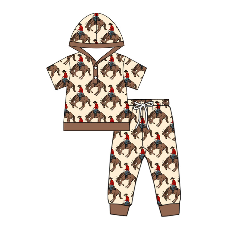 Baby Boys Brown Button Horse Rodeos Hoodies Top Pants Western Set Preorder