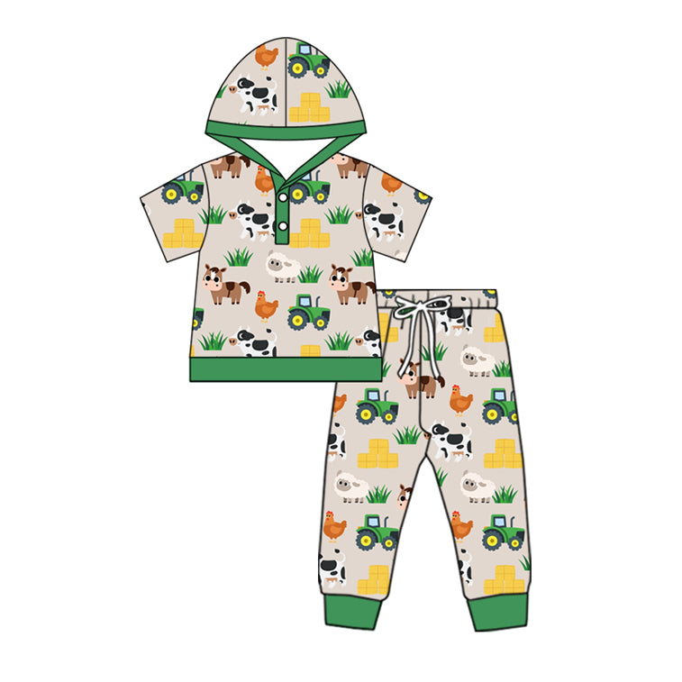 Baby Boys Green Short Sleeves Cows Chicks Hoodies Top Pant Farm Set Preorder