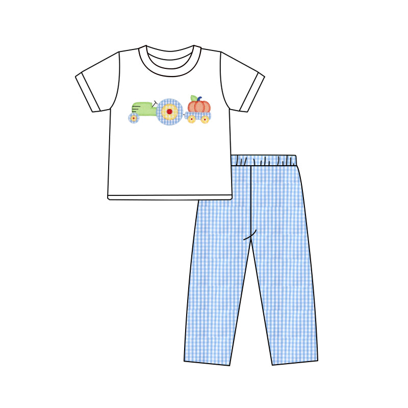 Baby Boys White Short Sleeves Truck Pumpkins Top Blue Plaid Pant Set Preorder