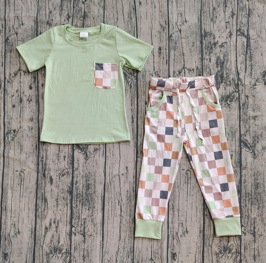 Baby Boys Short Sleeves Pocket Top Pockets Khaki Plaid Pant Sets