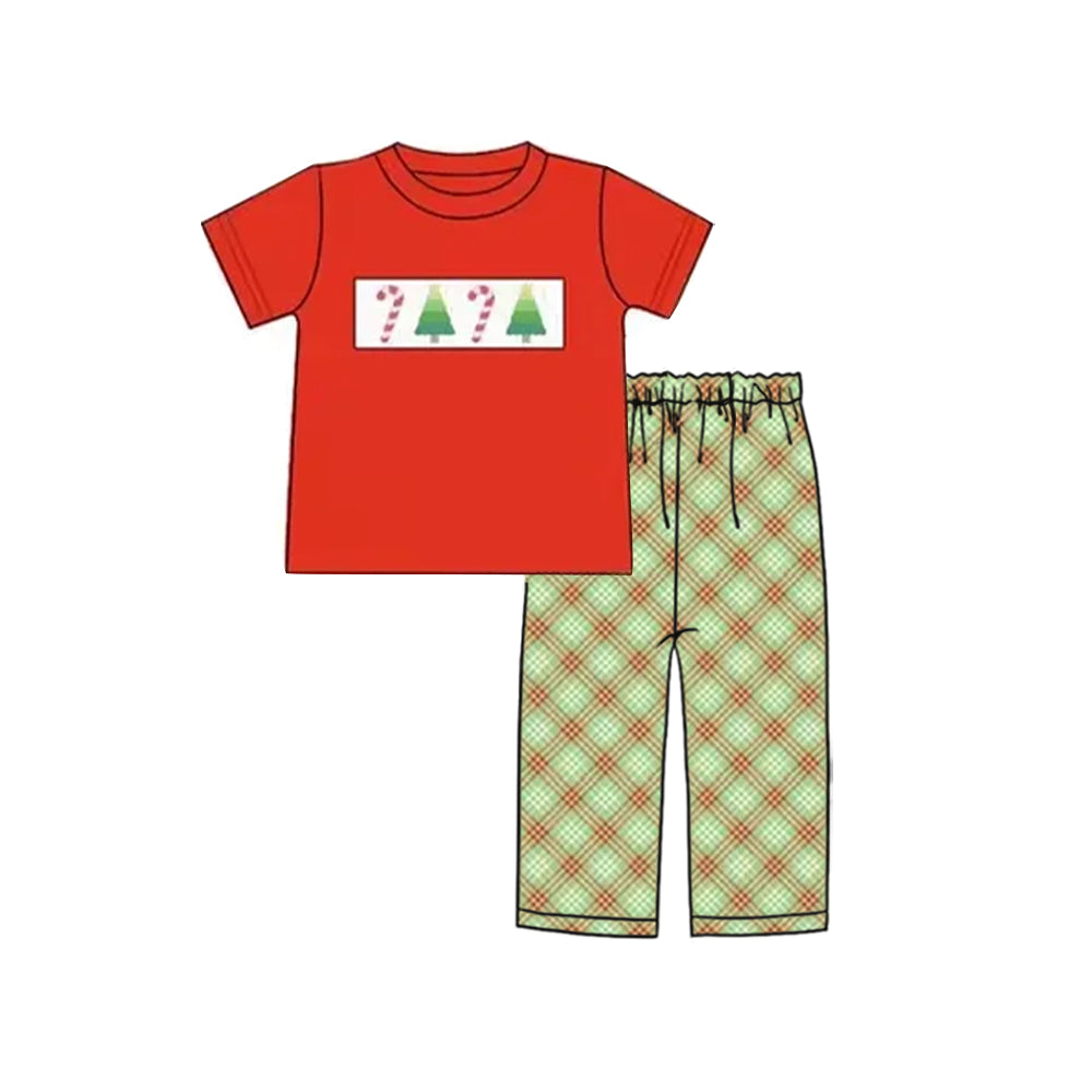 Baby Boys Red Short Sleeves Trees Candy Cane Top Green Plaid Pant Set Preorder