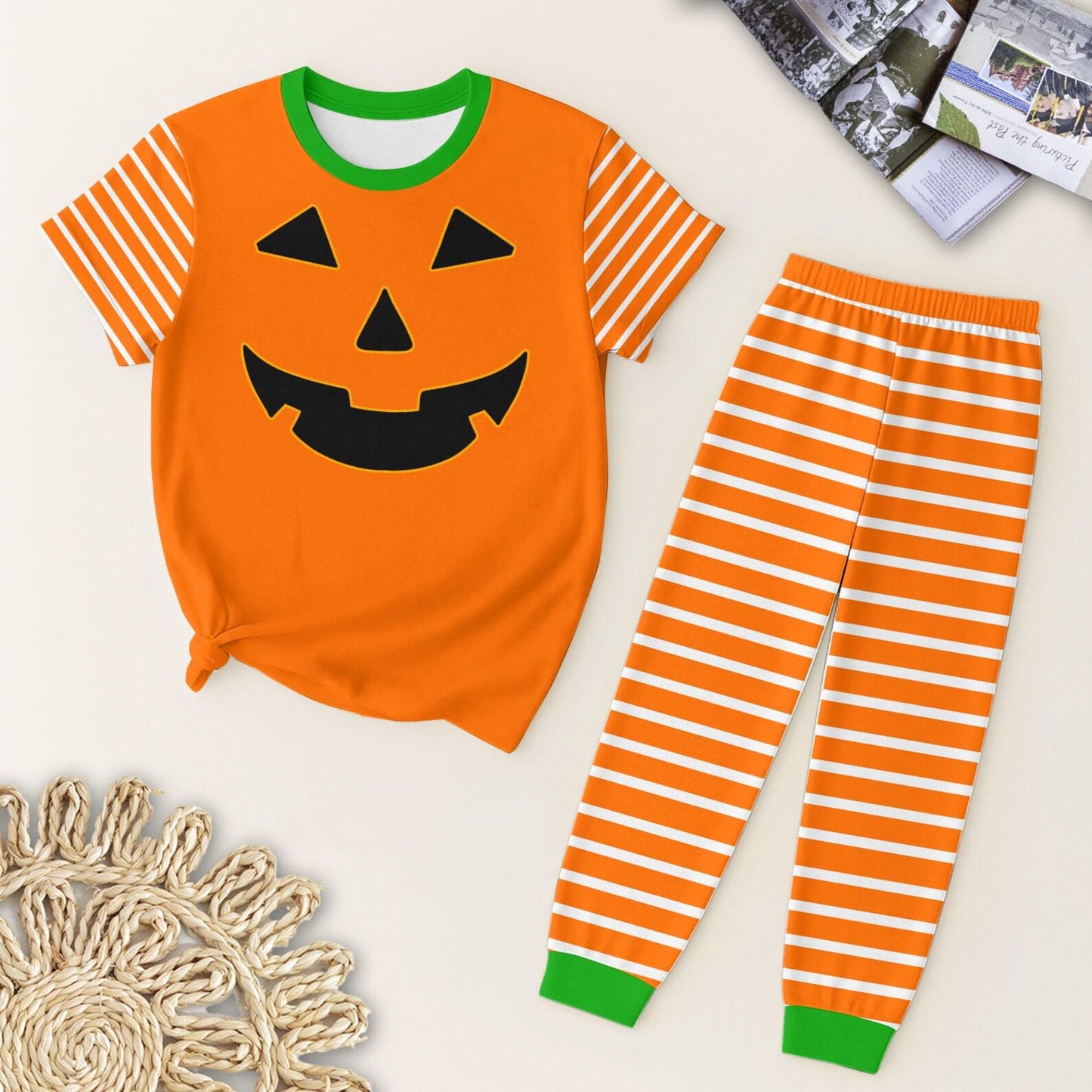 Baby Boys Short Sleeves Ghost Pumpkin Top Stripes Legging Pant Pajamas Set Preorder