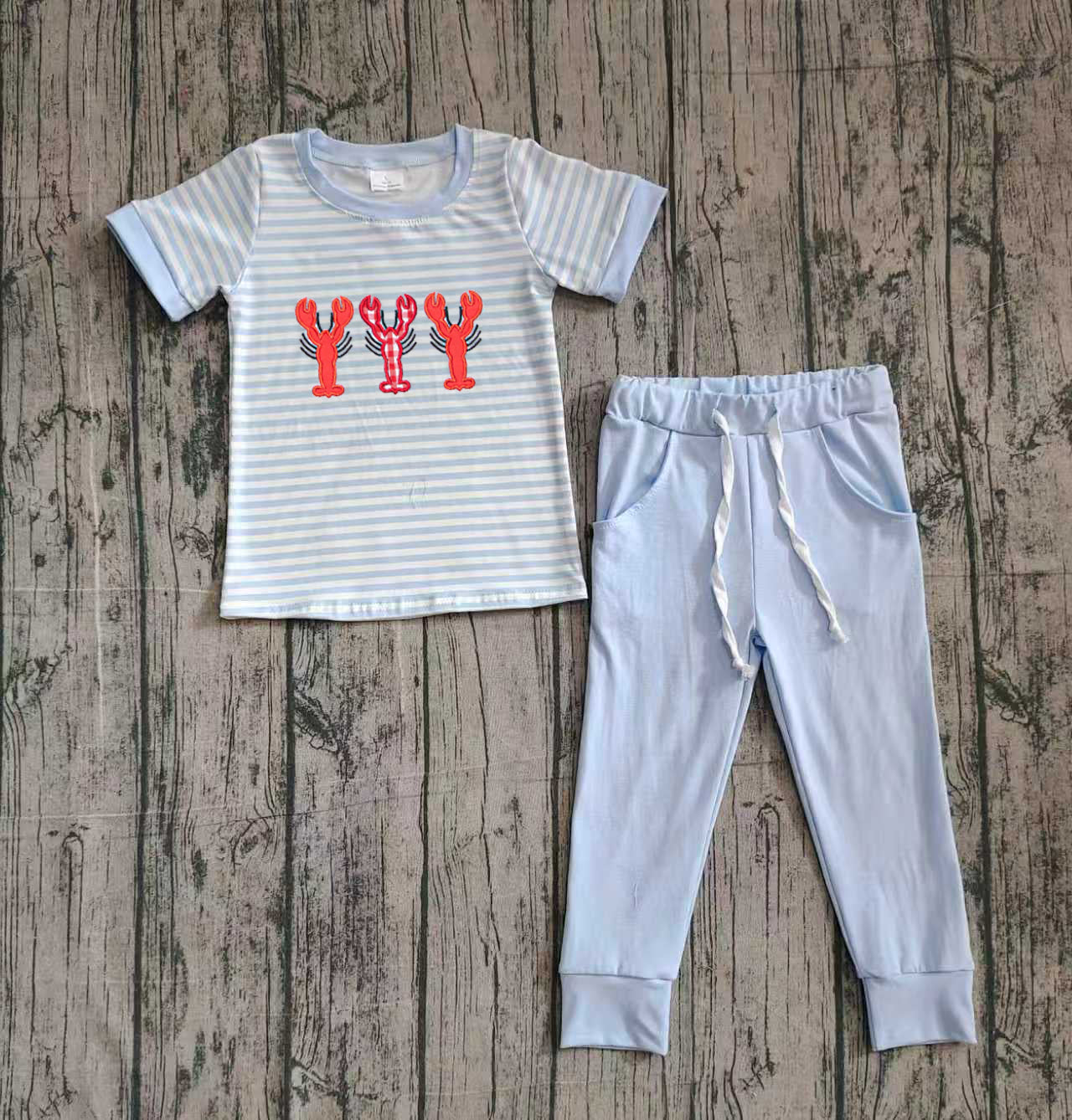 Embroidery Crayfishes Baby Boys Stripe Top Pockets Leggings Clothes Sets Preorder