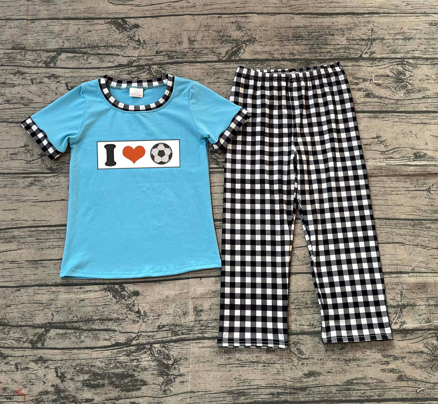 Embroidery I Love Footballs Baby Boys Checked Pants Team Clothes Sets Preorder