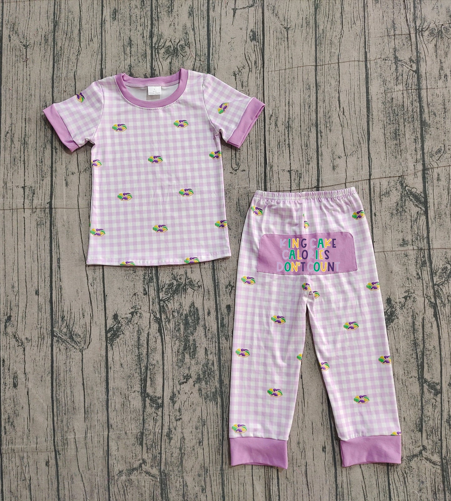Embroidery King Cake Baby Boys Mardigras Donuts Checked Pants Pajamas Sets Preorder
