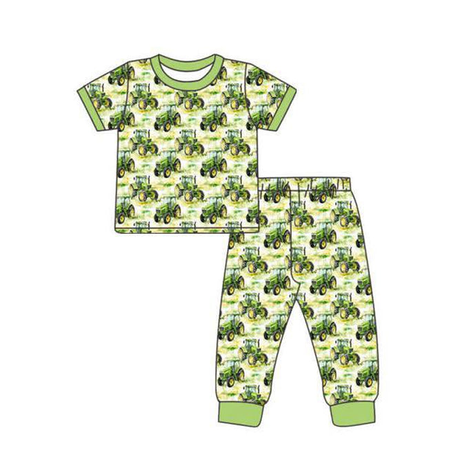 Baby Boys Green Trucks Plaid Top Pant Farm Pajamas Sets Preorder