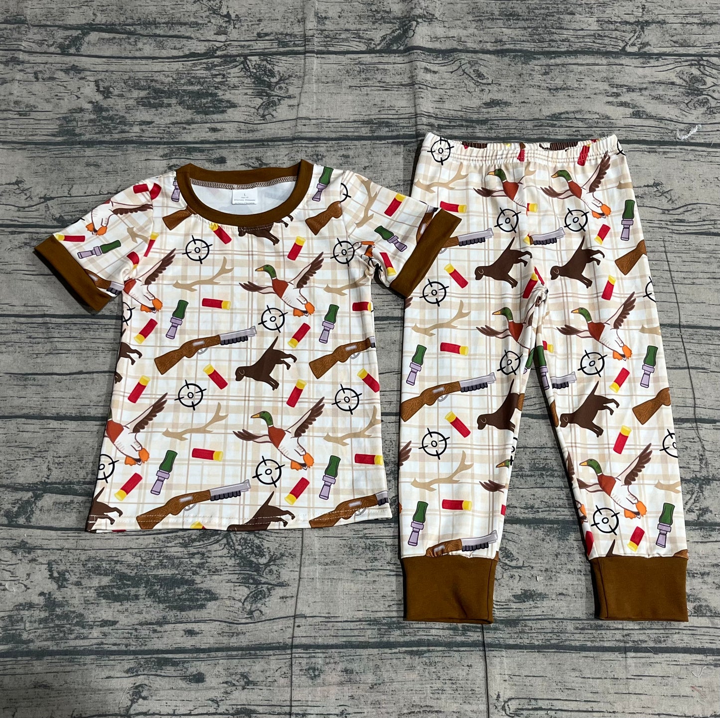 Baby Boys Khaki Checked Dogs Ducks Top Pants Hunting Pajamas Sets
