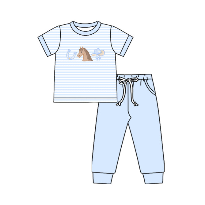Baby Boys Blue Stripe Horse Hats Top Pockets Jogger Western Clothes Sets Preorder