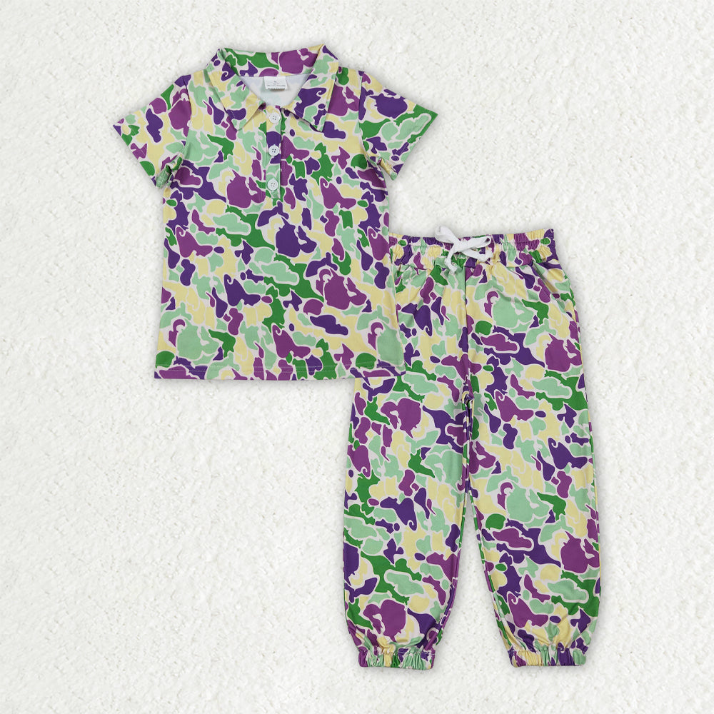 Baby Boys Mardigras Camo Button Polo Shirts Pockets Jogger Pants Clothes Sets